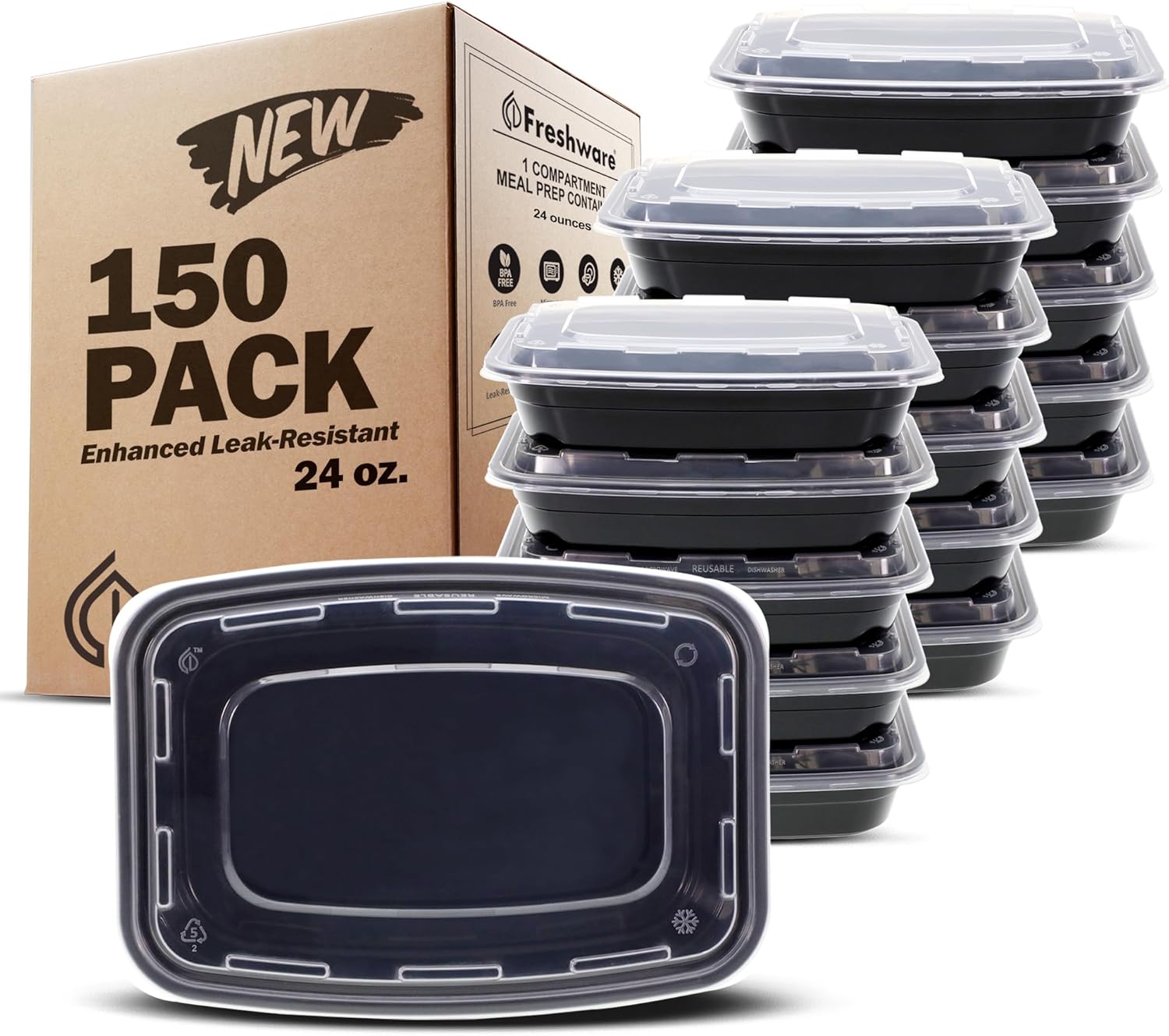 Freshware Meal Prep Containers [150 Pack] 1 Compartment with Lids, Food Storage Containers, Bento Box, BPA Free, Stackable, Microwave\/Dishwasher\/Freezer Safe (24 oz)