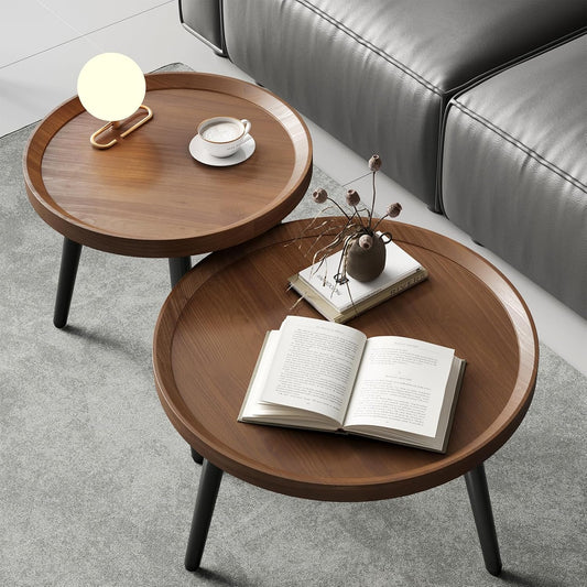 Double Walnut Round Coffee Table, Small Nesting Coffee Table, Mid Century Modern Coffee Table and End Table Sets Wood, Easy Assembly Circle Coffee Tables for Living Room, Nesting Coffee Table Set of 2