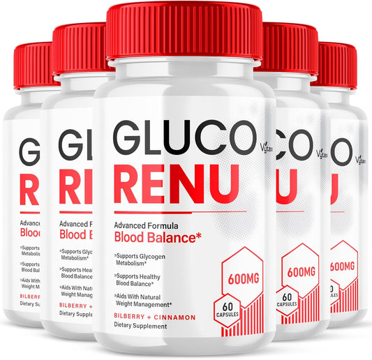(5 Pack) Gluco Renu Glyco Support Capsules, GlucoRenu Advanced Formula Glycogen Support Gluco Renew Maximum Strength Glyco Pill Detox Formula Supplement Glycol Advanced Balance Vitamin (300 Capsules)