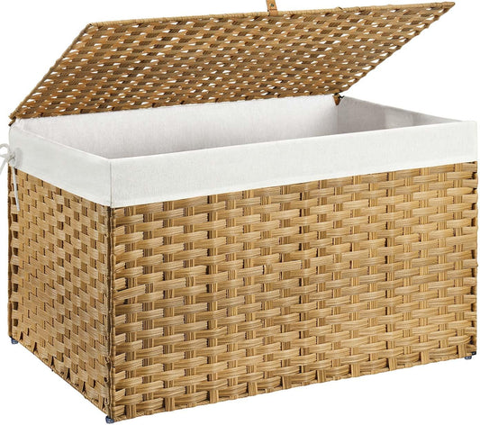 GREENSTELL Storage Basket with Lid, 160L Large Wicker Basket with Lid, Handwoven Blanket Storage Basket with Handles, Removable Cotton Liner, Metal Frame, Foldable for Bedroom, Laundry Room, Natural
