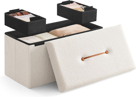 SONGMICS HOME Storage Ottoman Bench, Storage Chest, 15 x 30 x 15 Inches, End of Bed Bench, Load up to 660 lb, for Living Room, Bedroom, Entryway, Cream White ULSF096W01
