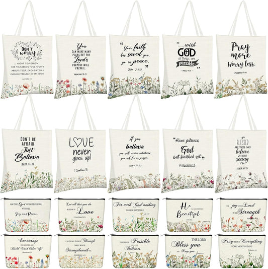 Locmeo 20 Pcs Christian Gift Women Mother's Day Including 10 Bible Verse Tote Bags 10 Christian Makeup Bags Inspirational Religious Scripture Gifts for Church Xmas Valentines(Classic)