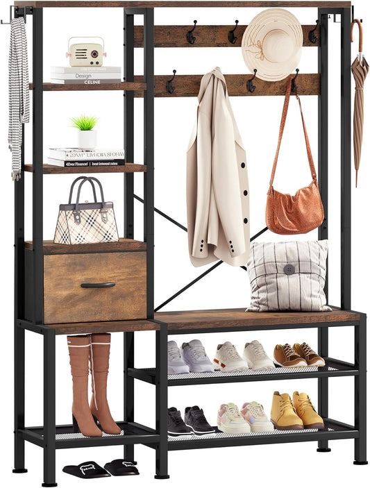 YITAHOME Coat Rack, 5 in 1 Hall Tree with Shoe Bench, 17 Movable Hooks and 2 Drawers, Freestanding Shoe Bench, and Wall Rack for Entryway