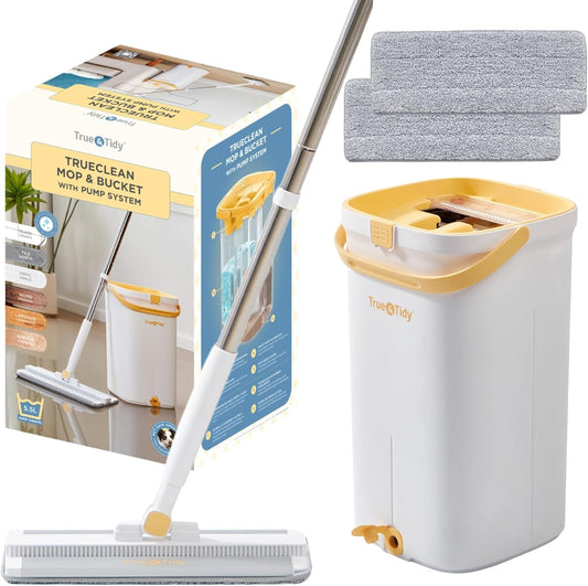 True & Tidy® TrueClean Mop & Bucket Spin Mop Pump System, Patent Pending 3 Compartments Separate Clean & Dirty Water, Hands-Free Self-Wringing Aluminum Mop Head, Machine Washable Pads, in Gift Box