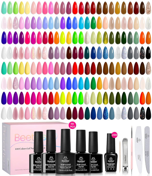 Beetles 110 PCS Gel Nail Polish Set, 100 Colors Infinite Inspiration All Season Red Brown Green Black Gel Polish with 5Pcs Base Top Coat Soak off UV Gel for Manicure Lovers DIY at Home Gifts for Women
