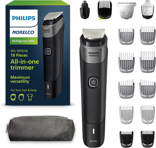 Philips Norelco Multigroom 5000 Series, All-in-One Trimmer, Beard Trimmer and Hair Clipper, 18-Piece Men's Grooming Kit for Beard, Face, Nose, Ear, Body, with Titanium Blades, Travel Pouch, MG5970\/49