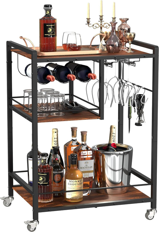 Bar Cart, Serving Cart for Home, Microwave Cart, Mobile Kitchen Shelf with Wine and Glass Rack, Rolling Beverage Cart with Storage, 3-Tier Utility Cart on Wheels for Kitchen and Dining Room