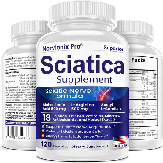 Nervionix Sciatica Supplement - 600mg ALA Sciatic Nerve Support for Lower Back, Legs, Feet, Hands, 18-in-1 Natural Nerve Vitamins - 120 Capsules