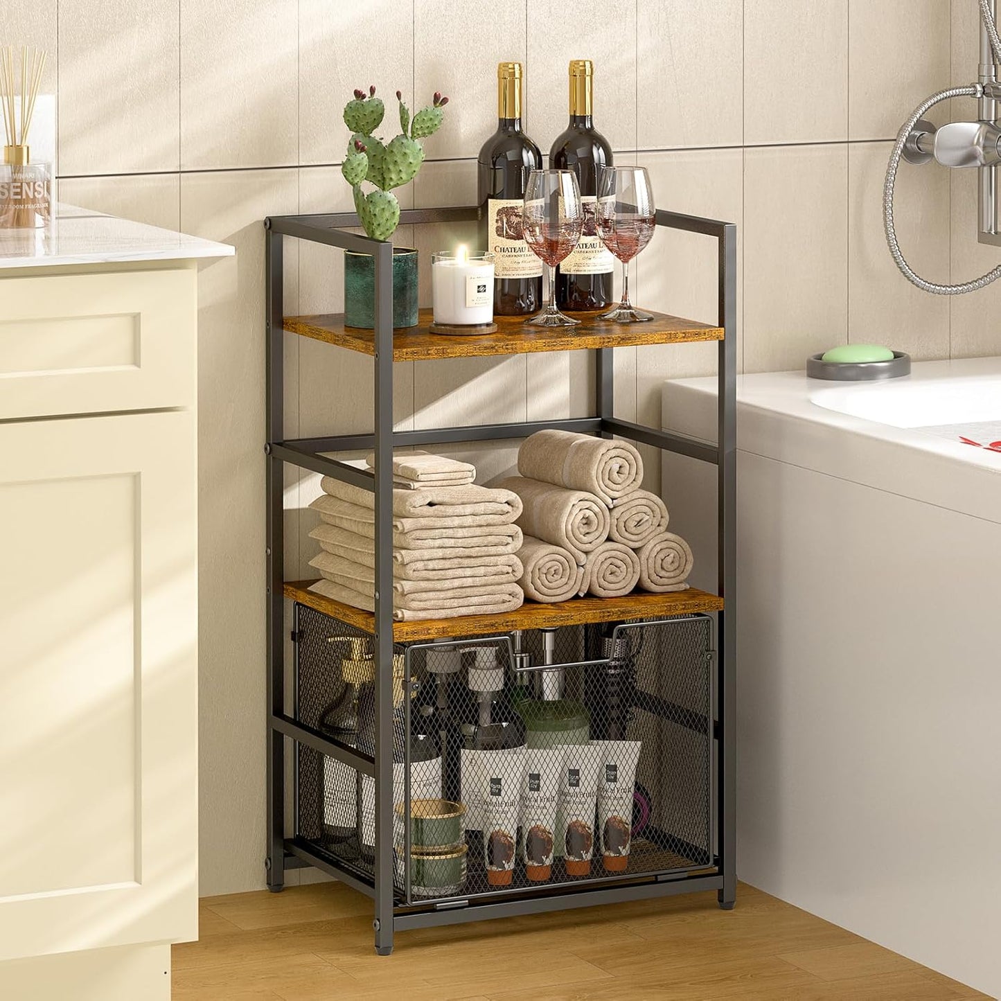 3 Tier Bathroom Floor Storage Shelf with Drawer, Bathroom Ladder Freestanding Shelving Units, Open Tower Shelf Bookshelf for Bathroom, Living Room, Bedroom, Balcony and Home Office, Rustic Brown