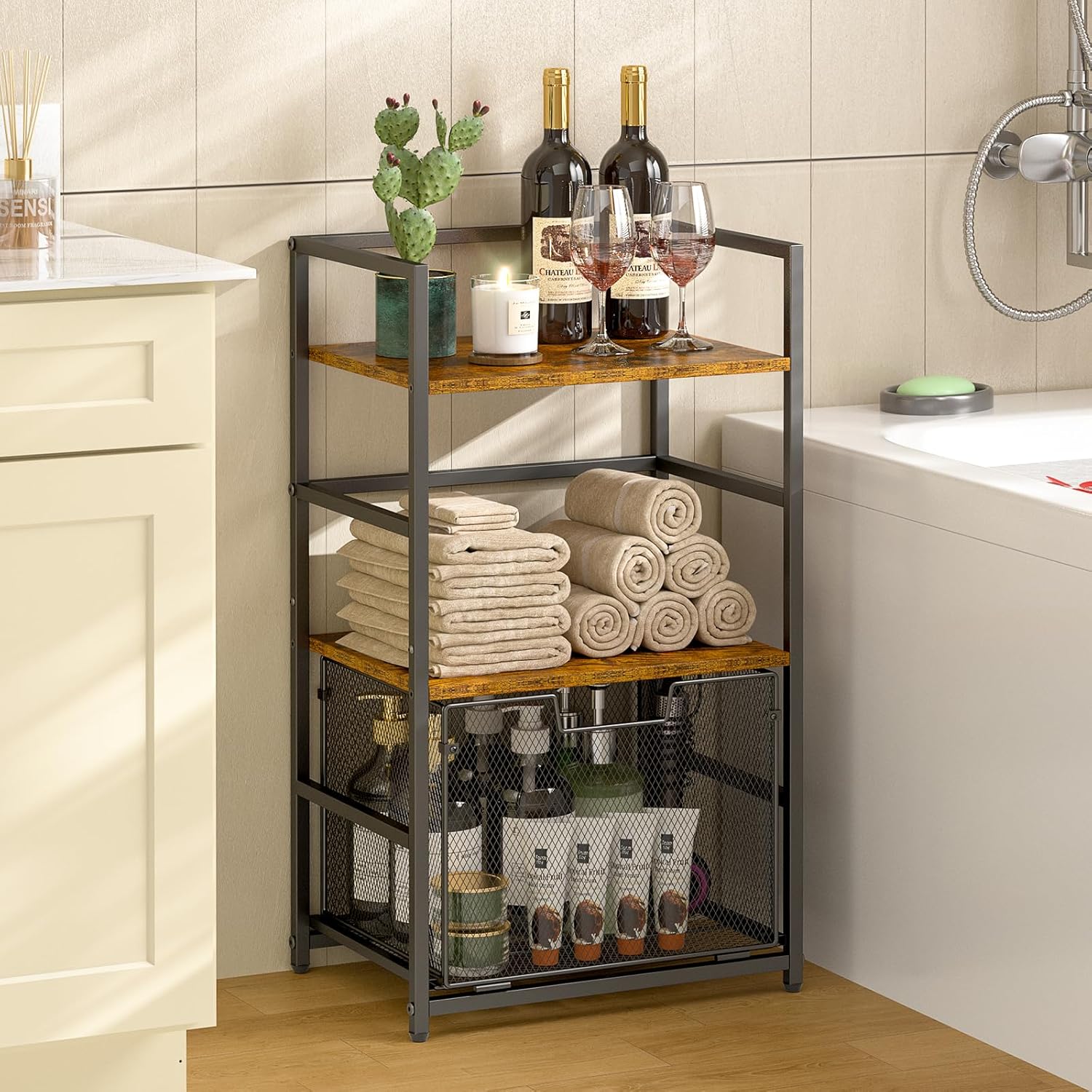 3 Tier Bathroom Floor Storage Shelf with Drawer, Bathroom Ladder Freestanding Shelving Units, Open Tower Shelf Bookshelf for Bathroom, Living Room, Bedroom, Balcony and Home Office, Rustic Brown