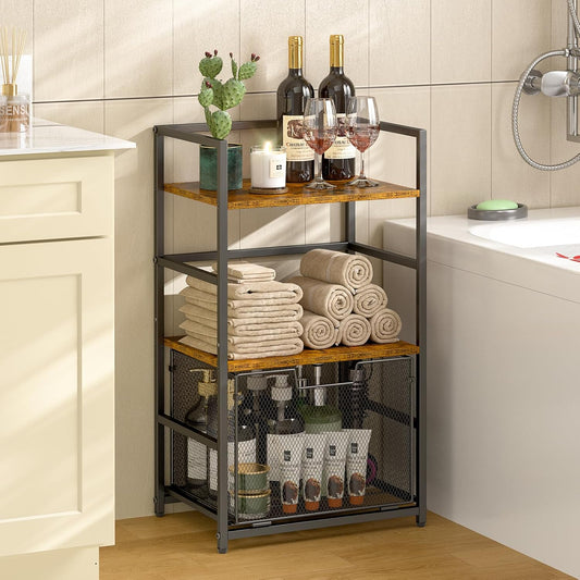 3 Tier Bathroom Floor Storage Shelf with Drawer, Bathroom Ladder Freestanding Shelving Units, Open Tower Shelf Bookshelf for Bathroom, Living Room, Bedroom, Balcony and Home Office, Rustic Brown