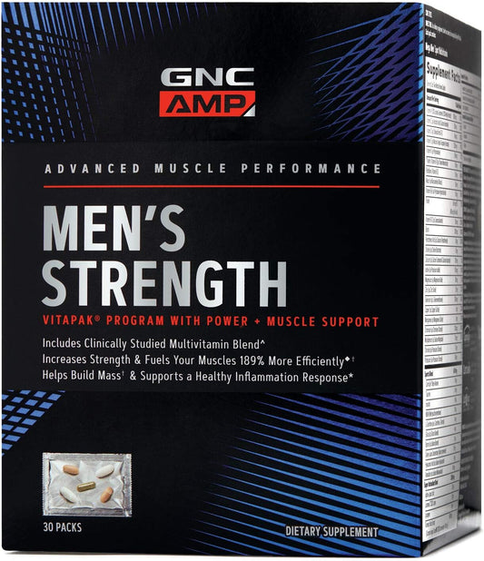 GNC AMP Men's Strength Vitapak | 3-Step Program | Increases Strength and Builds Muscle Mass Efficiently | Added 1,250 mg PEG Creatine | Daily Vitamin Supplement | 30 Count