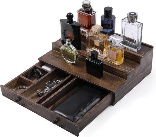 Boulphia Cologne Organizer for Men, 3-Tier Cologne Stand with Drawer and Hidden Compartment, Wooden Cologne Shelf for Perfume Display Holder, Great Gifts for Men, Vintage