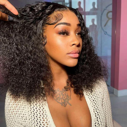 yuccy Curly Bob Wig Human Hair 13X4 Water Wave Lace Front Wig Human Hair Pre Plucked 250% Density Curly Bob Wigs for Women Natural Color 14 Inch\u2026