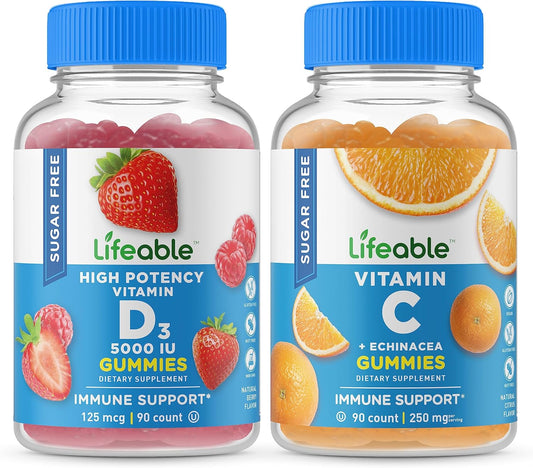 Lifeable Sugar Free Vitamin D 5000 IU + Vitamin C, Gummies Bundle - Great Tasting, Vitamin Supplement, Gluten Free, GMO Free, Chewable Gummy