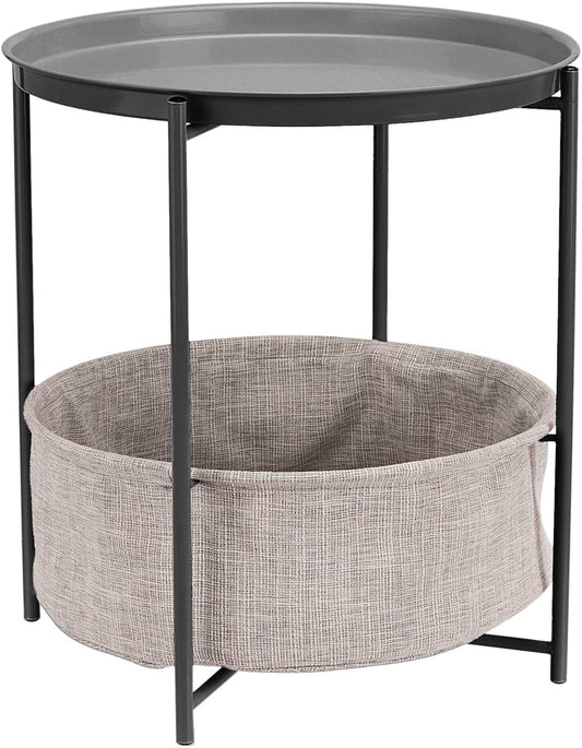 Amazon Basics Round Storage End Table, Side Table with Cloth Basket, Charcoal\/Heather Gray, 17.7 x 17.7 x 18.9 in