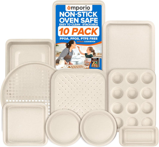 Emporio Kitchen Stackable Baking Pan Set - Nonstick White Marble Coating, Carbon Steel Bakeware Sets, PFOA, PFOS, PTFE Free, Recipe Booklet Included, Oven Safe Tray (Up To 450° F), Set of 10 - White