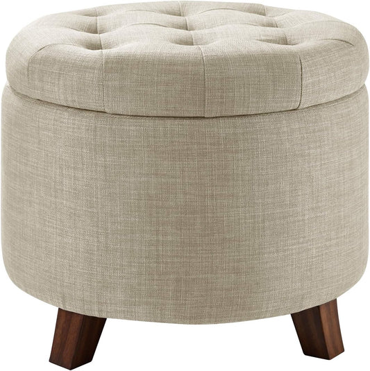 Amazon Basics Ottoman with Storage, Tufted Round Upholstered Footstool, Linen, Burlap Beige, \u200E20" x 17"