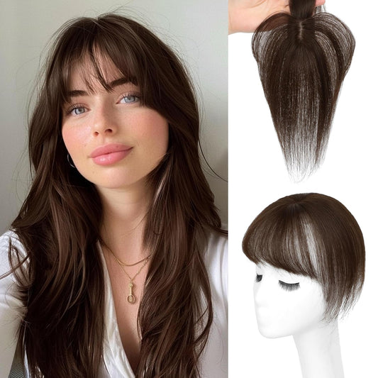 BUPPLER Hair Toppers for Women Real Human Hair-360°3D Topper with Bangs for Thinning Hair Clip in Bangs with Upgraded Silk Base Perfect for Daily Wear,4×6 Dark Brown