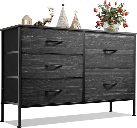 WLIVE Dresser for Bedroom with 5 Drawers, Wide Bedroom Dresser with Drawer Organizers, Chest of Drawers, Fabric Dresser for Living Room, Closet, Hallway, Charcoal Black Wood Grain Print