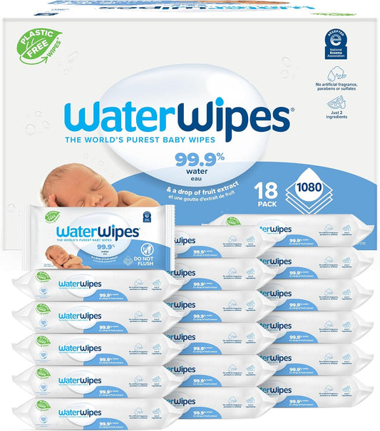 WaterWipes Plastic-Free Original Baby Wipes, 99.9% Water Based Wipes, Unscented & Hypoallergenic for Sensitive Skin, 1080 Count (18 packs)
