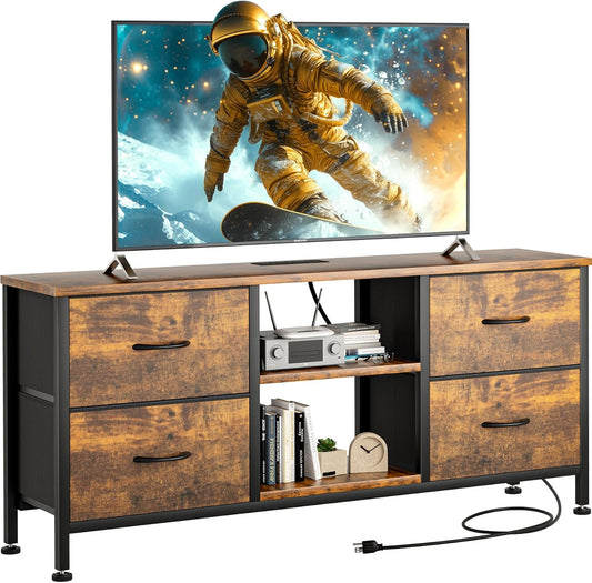 YaFiti TV Stand Dresser for Bedroom, Entertainment Center with Power Outlet for 50" TV, Dressers with 4 Fabric Drawers & Open Shelves for Living Room, Bedroom, Entryway, Rustic Brown