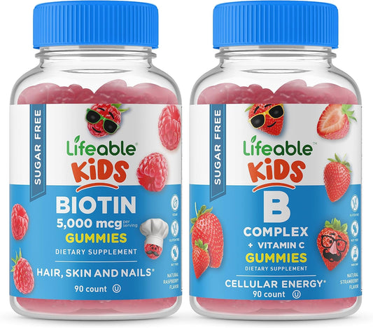 Lifeable Sugar Free Biotin Kids + B Complex Kids, Gummies Bundle - Great Tasting, Vitamin Supplement, Gluten Free, GMO Free, Chewable Gummy