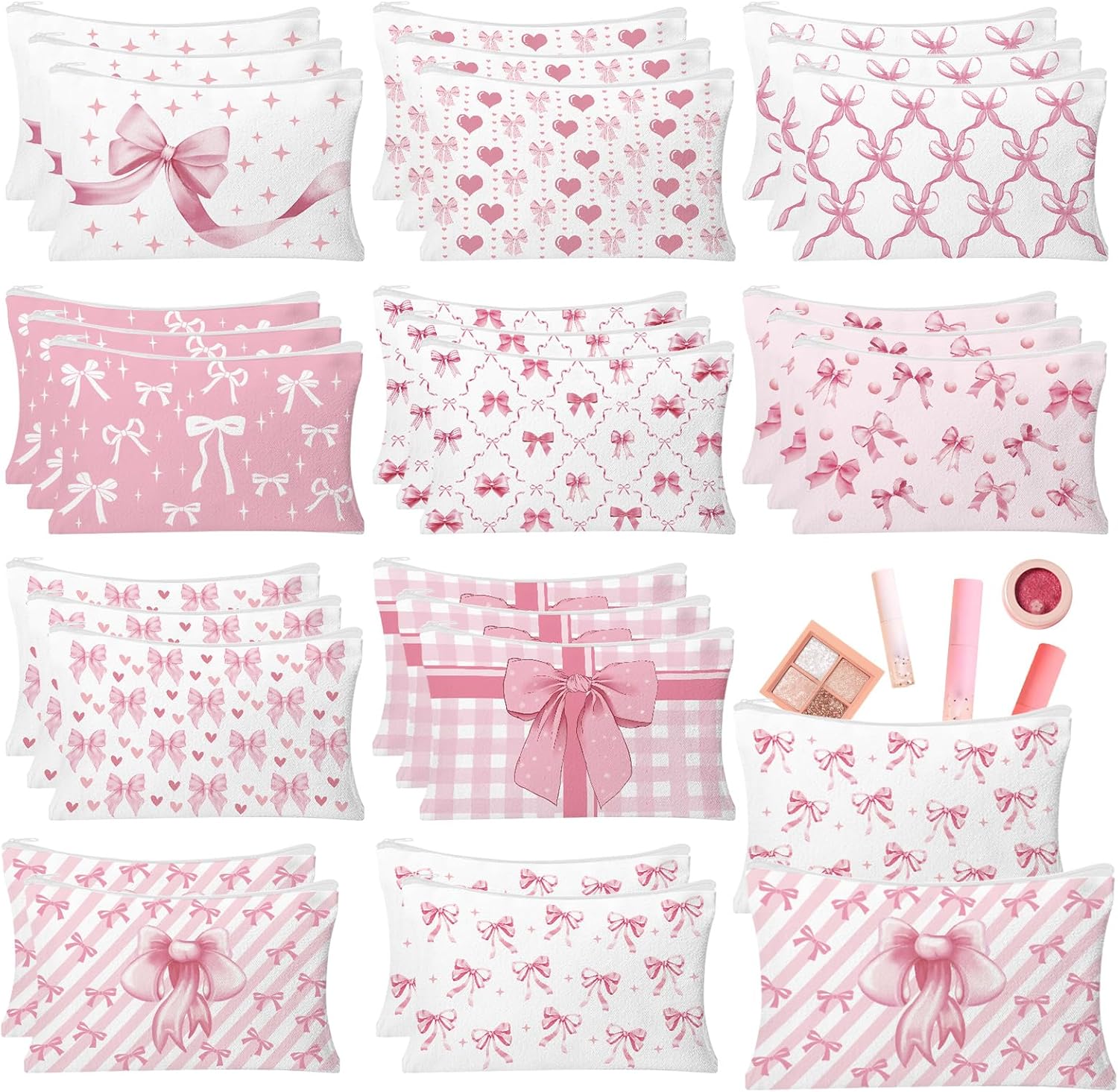HSDSH 30pcs Pink Bow Makeup Bag Coquette Cosmetic Bags for Women Elegant Bow Preppy Pink Pouch Travel Toiletry Bag Bow Themed Gifts for Women Teens Teen Girls