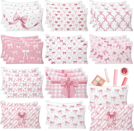 HSDSH 30pcs Pink Bow Makeup Bag Coquette Cosmetic Bags for Women Elegant Bow Preppy Pink Pouch Travel Toiletry Bag Bow Themed Gifts for Women Teens Teen Girls