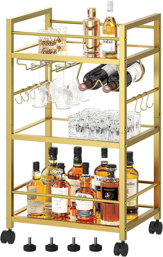 Bar Cart, Serving Cart for Home, Microwave Cart, Drink Cart, Mobile Kitchen Shelf with Wine Rack and Glass Holder, Rolling Beverage Cart for Dining Room, Gold