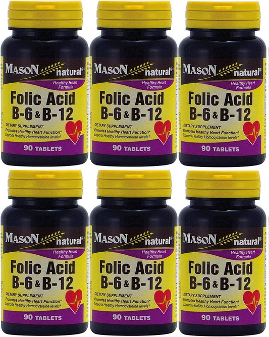 Mason Vitamins Folic Acid B-6 & B12 Heart Health Formula 90 Tablets per Bottle Pack of 6 Total 540 Tablets