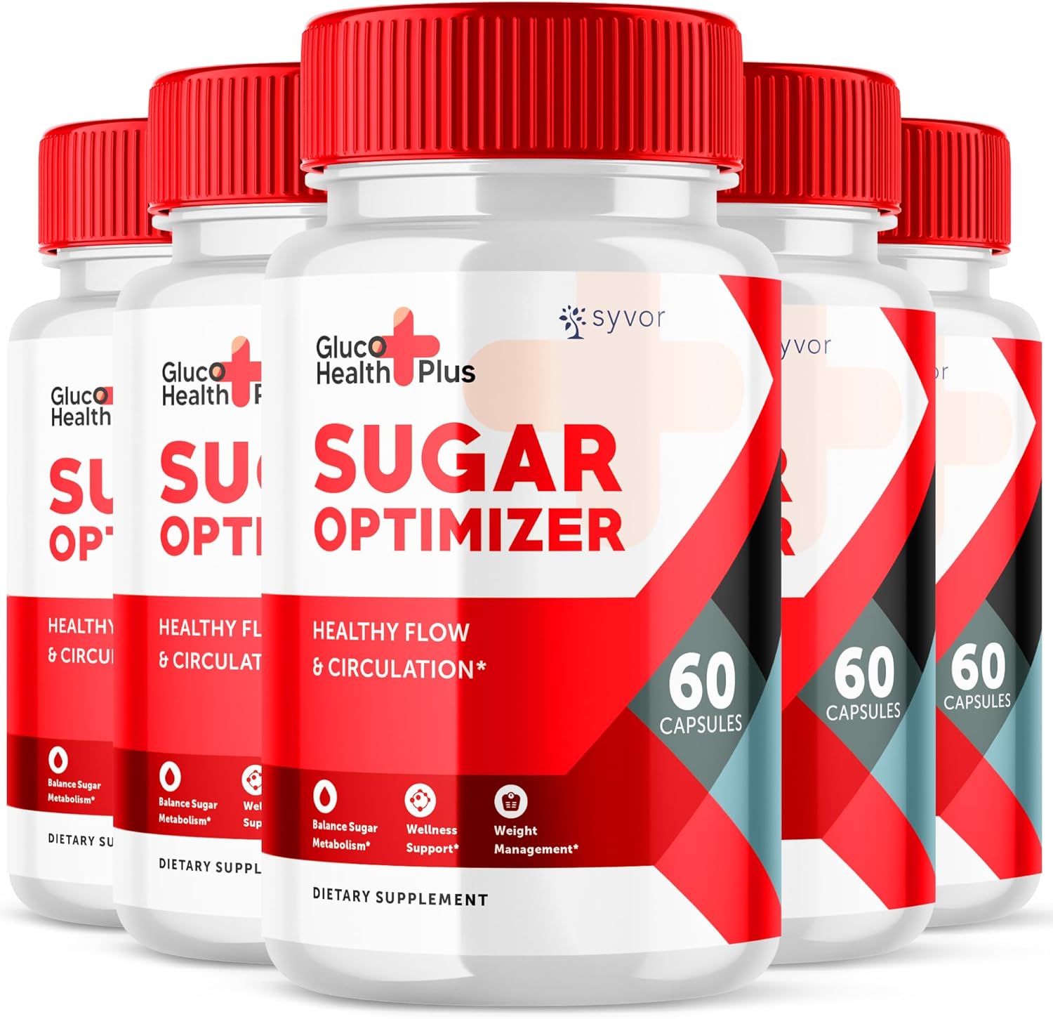 (5 Pack) Gluco Health Plus Capsules - GlucoHealth Plus Sugar Optimizer Pills Advanced Vitamin Supplement - Gluco Health Plus Natural Wellness Support Caps - Once Daily Flow Supplement (300 Capsules)
