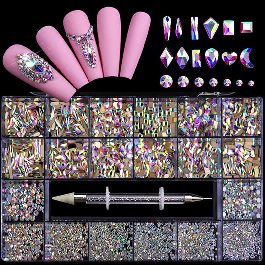 Nail Rhinestones Kit, Nail Art Decorations Flat AB Rhinestones Kit DIY Crafts Gemstones for Nail, Shoes, Clothes, Jewels (600 Iridescent diamonds + 2500 flat rhinestone)
