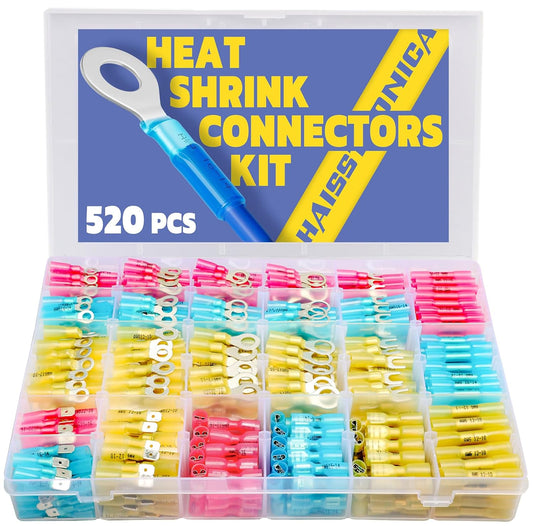 haisstronica 520PCS Marine Grade Heat Shrink Wire Connectors-Electrical Connectors Kit of Tinned Red Copper,16-14 22-16 12-10 Gauge Crimp Insulated Ring Fork Spade Butt Splices(3Colors\/24Size)