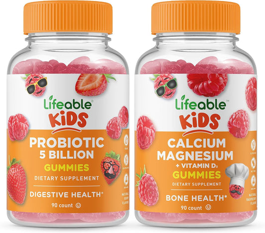 Lifeable Probiotics 5 Billion Kids + Calcium Magnesium Kids, Gummies Bundle - Great Tasting, Vitamin Supplement, Gluten Free, GMO Free, Chewable Gummy