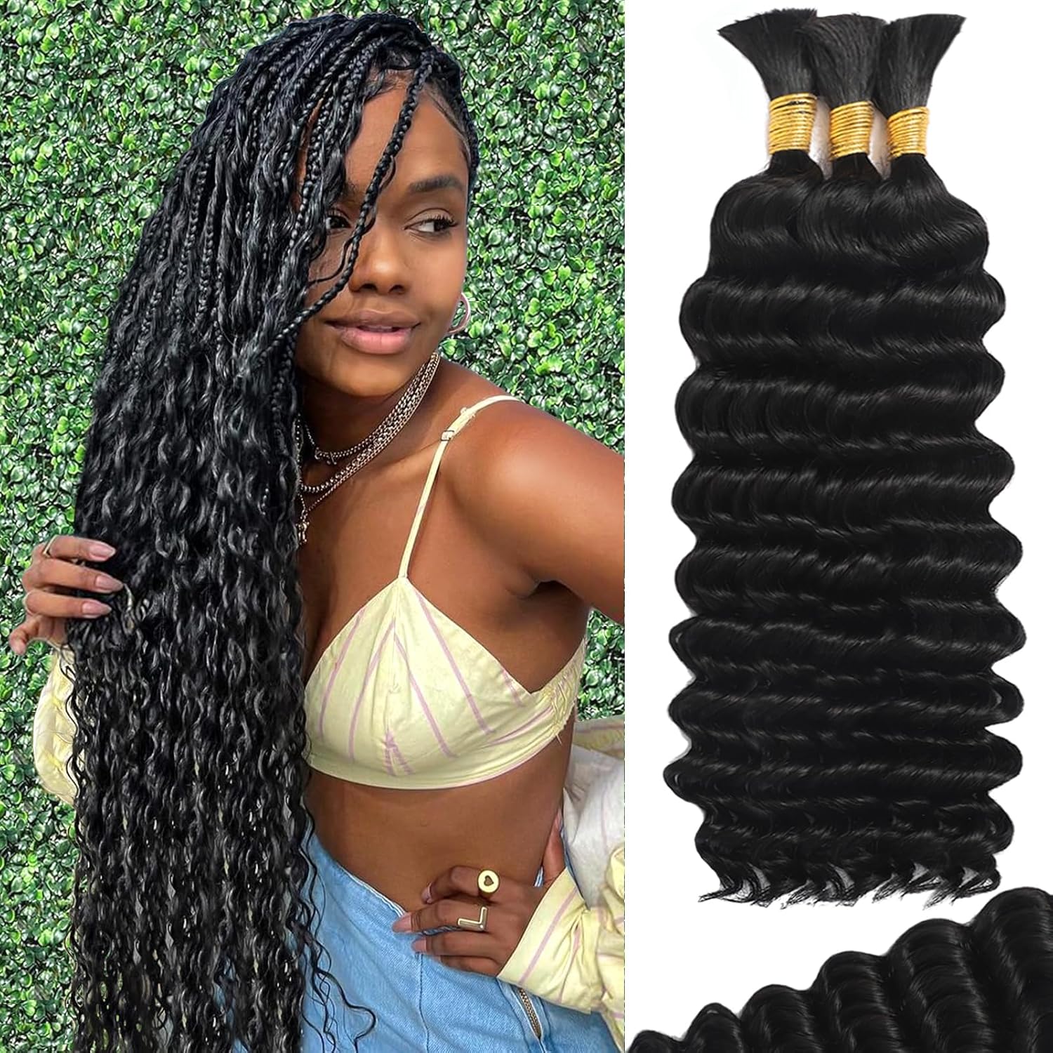 Human Braiding Hair for Boho Braids Human Hair Braiding Hair 110g 20 Inch Curly Boho Hair for Braiding Knotless 12A Deep Wave Bulk Human Hair for Braiding Bohemian 3 Bundles\/Pack Natural Color