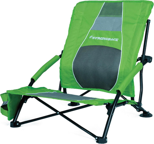 STRONGBACK Low Gravity Beach Chair with Built-in Lumbar Back Support - Heavy Duty Portable Folding Beach Chair for Adults - Lime Green