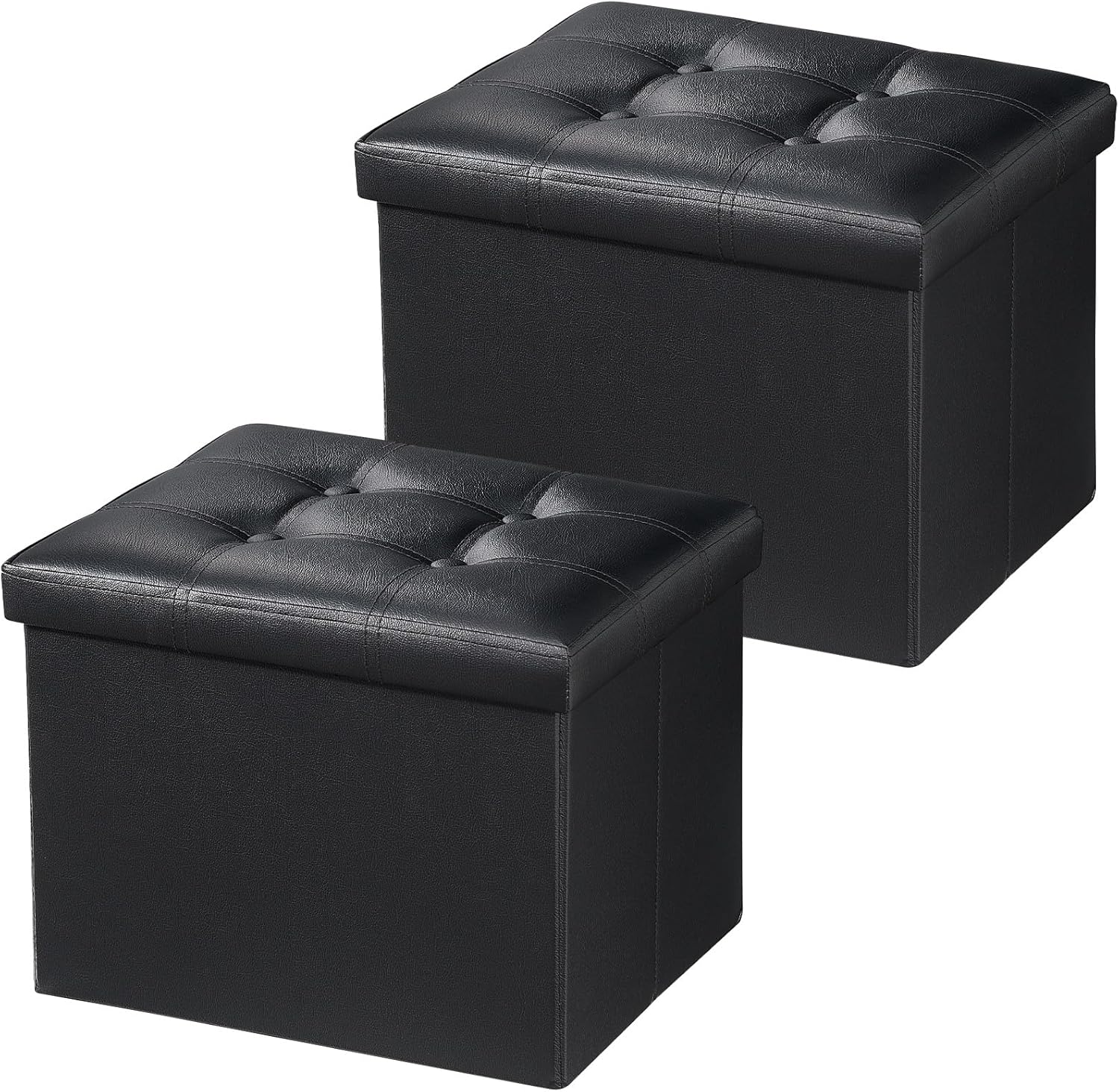 Bsketa 2PC Storage Ottoman, Folding Foot Stool with Thicker Foam Padded Seat Small Leather Storage Ottoman Bench Foot Rest for Living Room Foldable Coffee Table 17x13x13in,Black