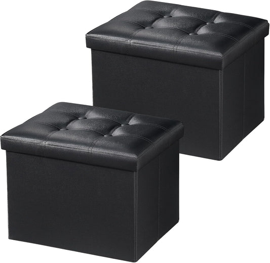 Bsketa 2PC Storage Ottoman, Folding Foot Stool with Thicker Foam Padded Seat Small Leather Storage Ottoman Bench Foot Rest for Living Room Foldable Coffee Table 17x13x13in,Black