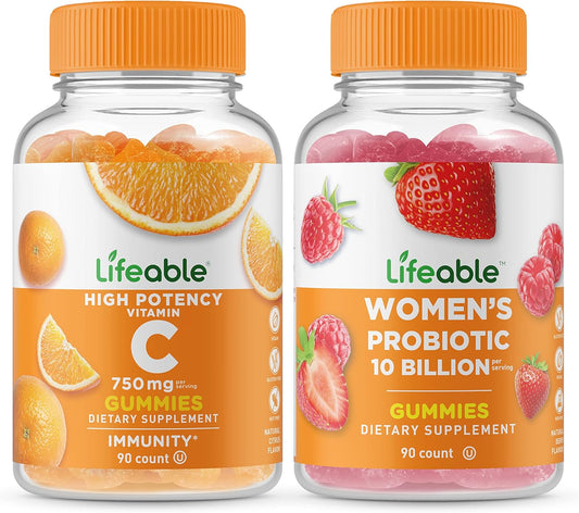 Lifeable Vitamin C 750mg + Probiotic 10 Billion, Gummies Bundle - Great Tasting, Vitamin Supplement, Gluten Free, GMO Free, Chewable Gummy