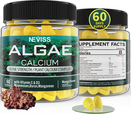 (2 Pack) Algae Calcium Gummies 600mg with Vitamin D3, C, Magnesium, Boron, Manganese, Plant-Based Calcium Supplement for Bone Health & Strength, Minerals Complex, Gentle Digestion, Sugar Free, Vegan