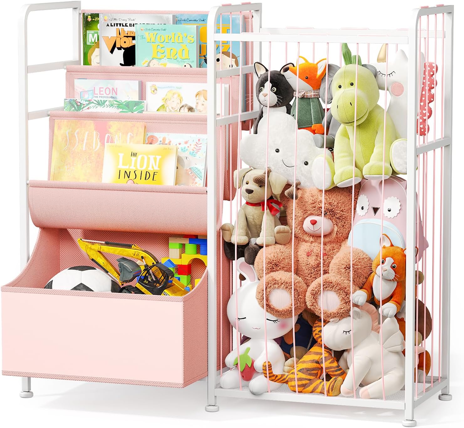 BBLIKE Kids Bookshelf and Stuffed Animal Storage - Multi-Function Nursery Book Shelves with Leather Toy Box and Book Display, Toy Organizer for Playroom, Bedroom, Nursery (Pink)