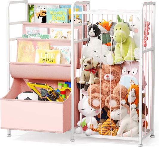 BBLIKE Kids Bookshelf and Stuffed Animal Storage - Multi-Function Nursery Book Shelves with Leather Toy Box and Book Display, Toy Organizer for Playroom, Bedroom, Nursery (Pink)