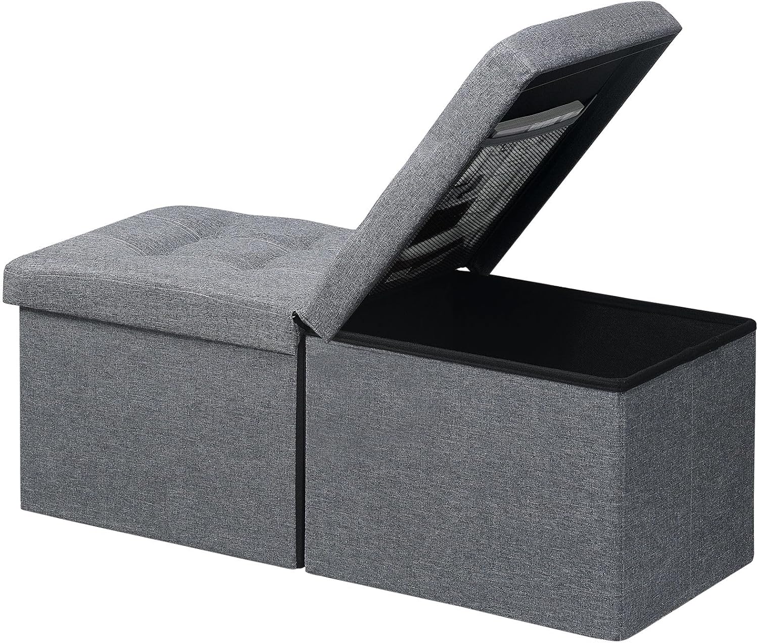 AmasSmile Storage Bench Folding Storage Ottoman Foot Rest Stool, 34 inch Grey Linen Footstool Bench, Short Ottoman Bench, Storage Foot Rest Store as Books, and Blanket Storage or Others