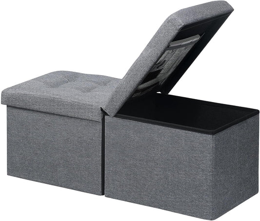 AmasSmile Storage Bench Folding Storage Ottoman Foot Rest Stool, 34 inch Grey Linen Footstool Bench, Short Ottoman Bench, Storage Foot Rest Store as Books, and Blanket Storage or Others