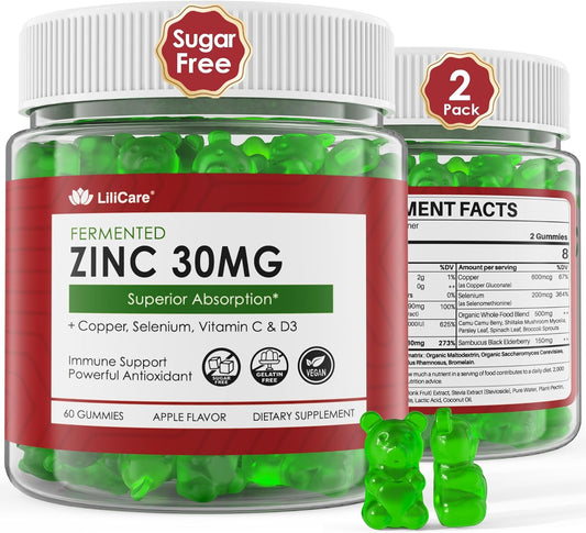 Zinc Gummies + Copper, Selenium, Vitamin C & D3, Fermented Zinc Supplements for Women and Men with Elderberry for Daily Immune Support, Powerful Antioxidant, High Absorption, Vegan, Sugar Free, 2 Pack