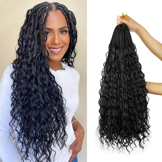 Vustbeauty 9 Packs Boho Box Braids Crochet Hair 18 Inch Goddess Box Braids Crochet Hair With Curly Ends Synthetic Bohemian Braids Hair Extension For Women (18inch, 1b)