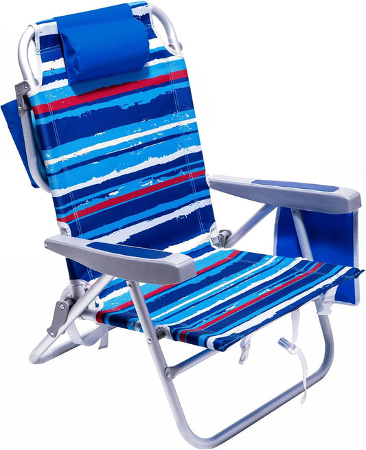 SunnyFeel Backpack Beach Chairs for Adults, Folding Low Beach Chairs Heavy Duty 5 Position Lay Flat Reclining with Cup Holder,Pillow,Cooler Bag for Sand\/Outdoor\/Lawn, Portable Camping Chair