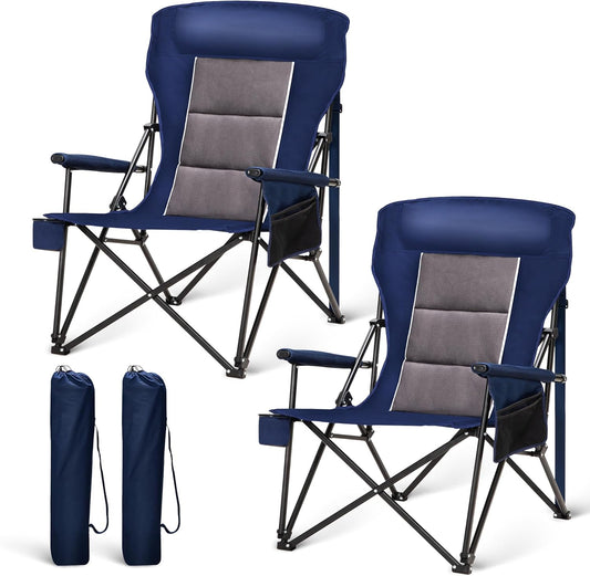 LET'S CAMP Oversized Camping Chairs 29.52" High Back Heavy Duty Lawn Chair Support 500LBS, Portable Collapsible Chair with Cup Holder, Side Pocket,2 Pack(Blue)